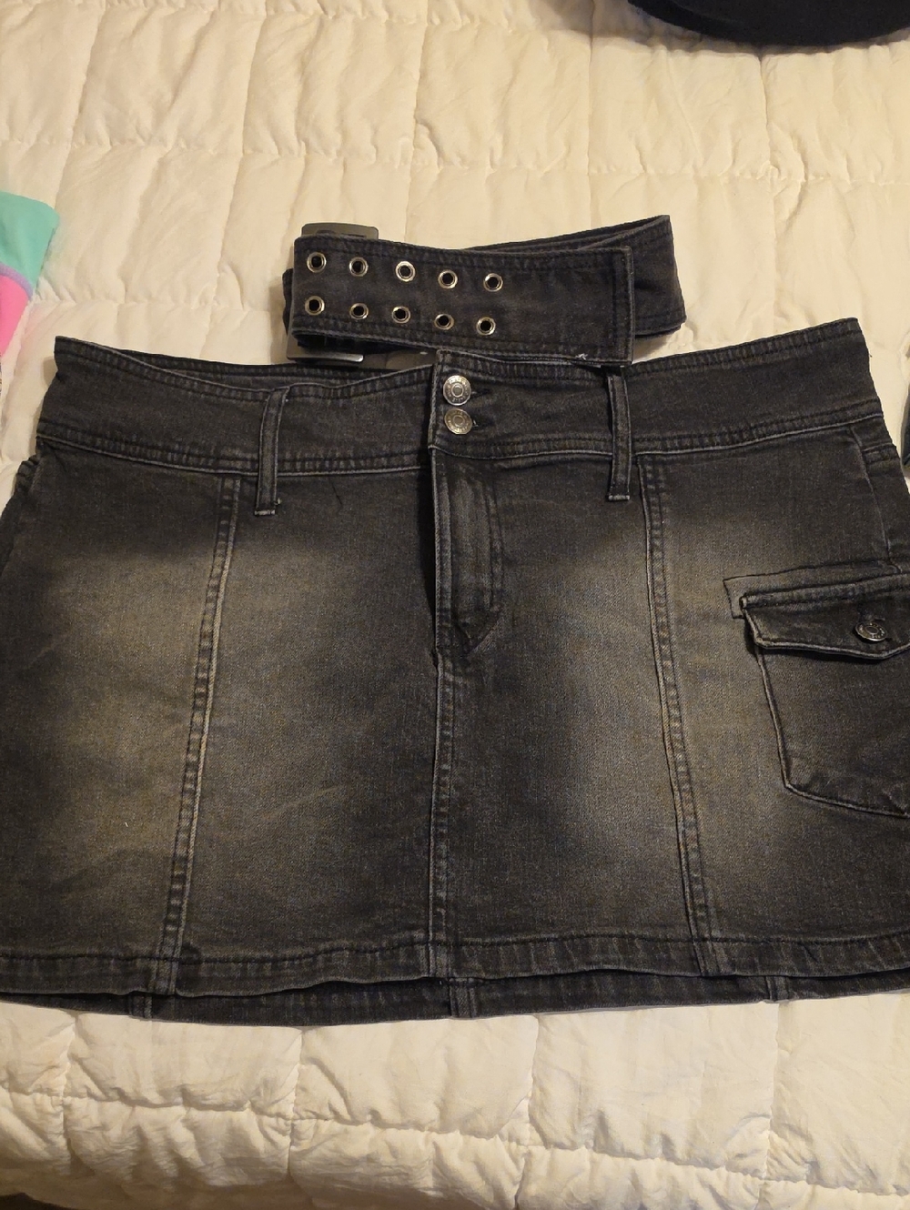 Wild Fable Black Washed Denim Mini Skirt with Grommet Belt